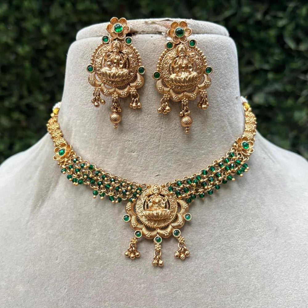 Amoliya Jewels Gold Plated Pota Stone And Pearl Temple Necklace Set