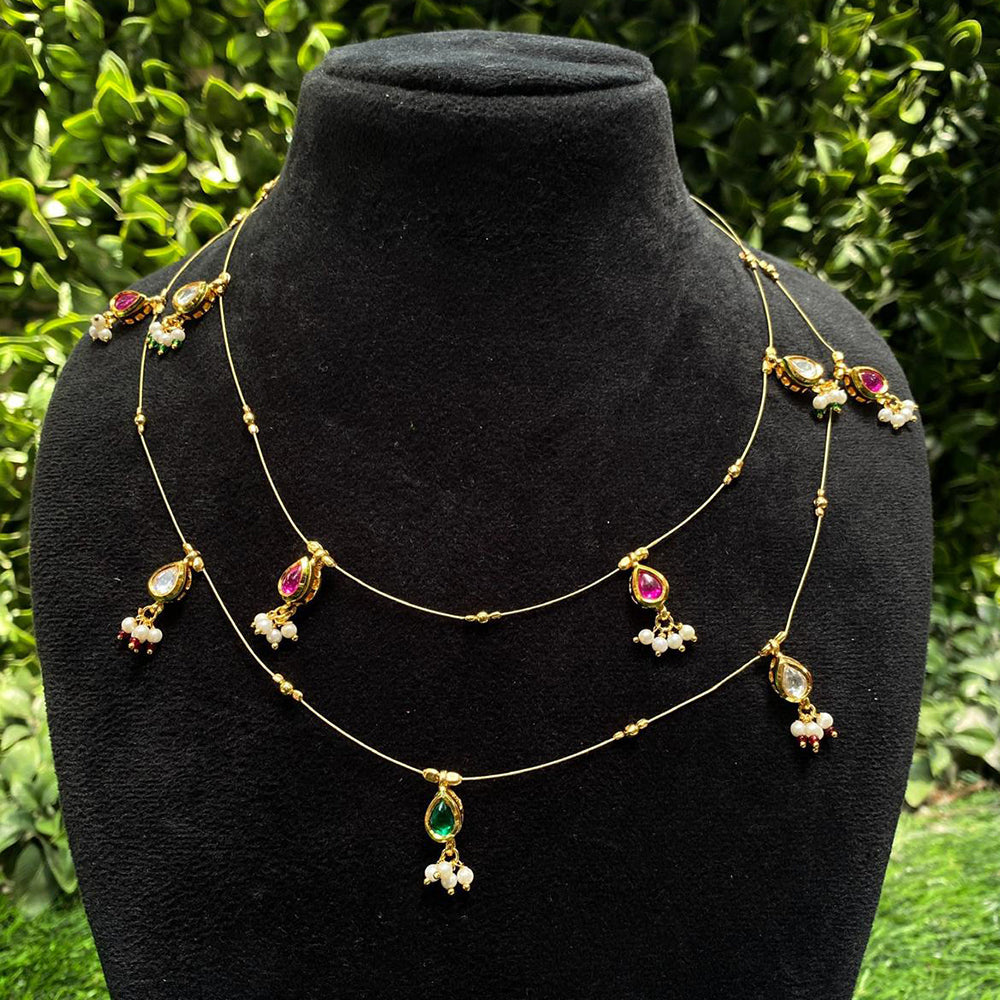 Amoliya Jewels Traditional Gold-Plated Pota And Pearl Double Layer Necklace