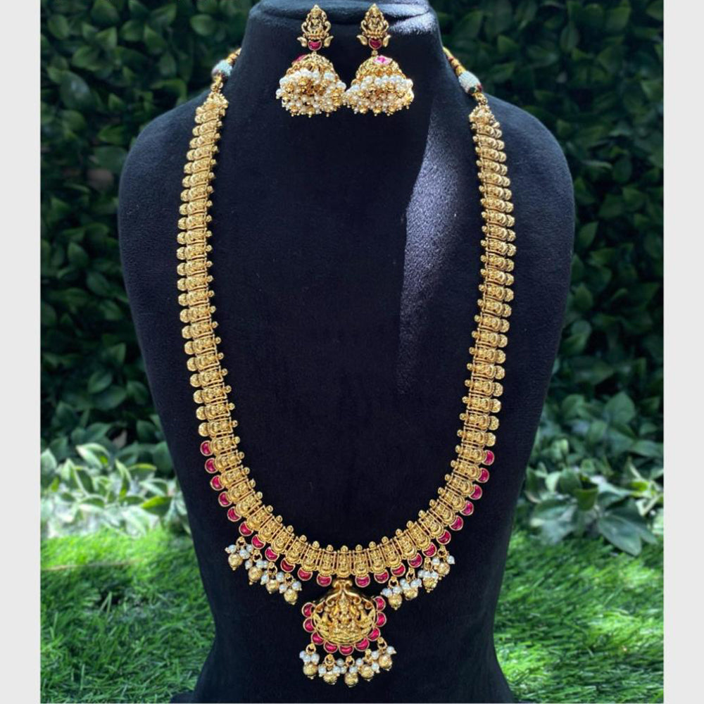 Amoliya Jewels Gold Plated Temple Pearls And Meenakari Long Necklace Set