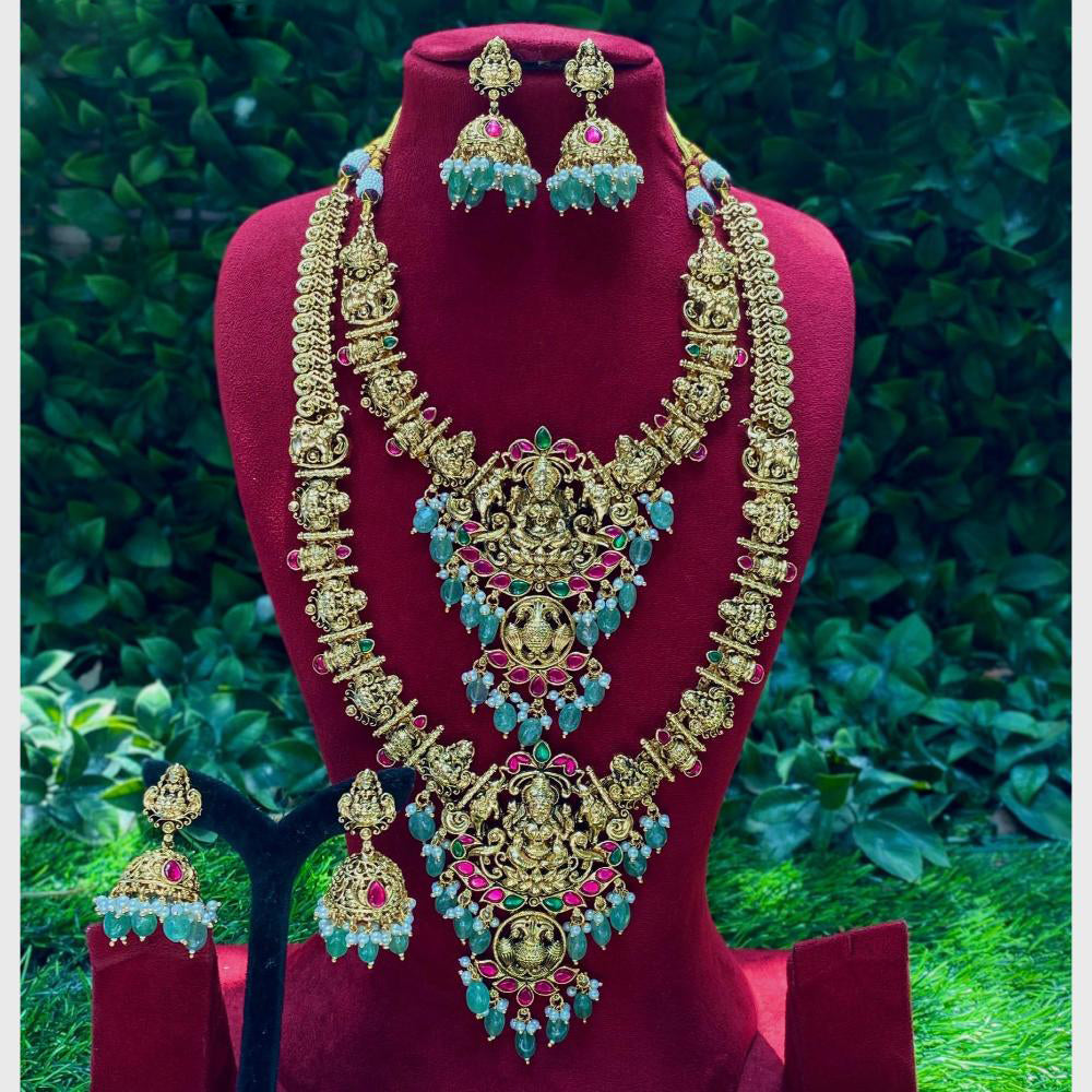 Amoliya Jewels Gold Plated  Pota And Temple Pearls Double Necklace Set
