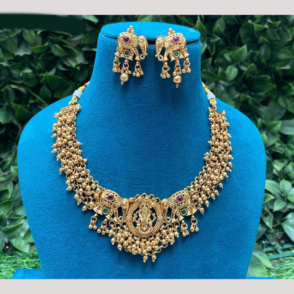Amoliya Jewels Gold Plated Pota Stone And Beads Temple Necklace Set