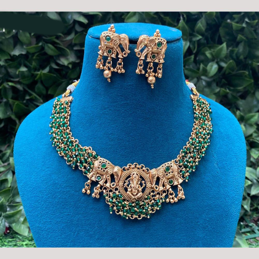 Amoliya Jewels Gold Plated Pota Stone And Beads Temple Necklace Set