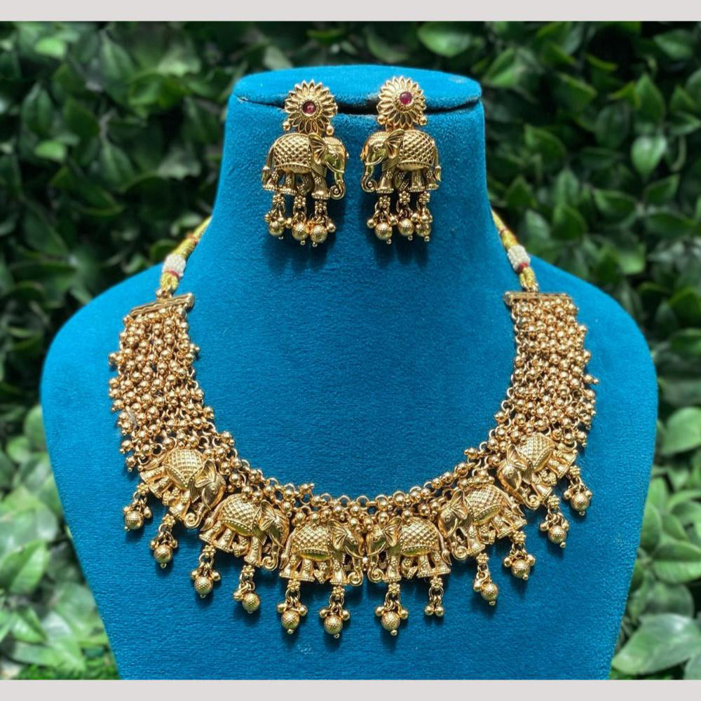 Amoliya Jewels Gold Plated Pota Stone And Beads Temple Necklace Set