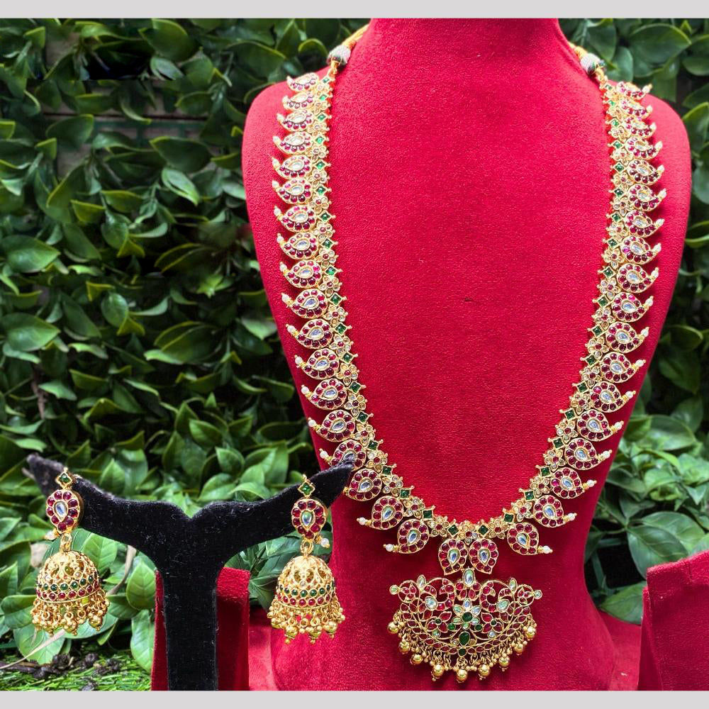 Amoliya Jewels Gold Plated Pota Stone And Pearl Long Necklace Set