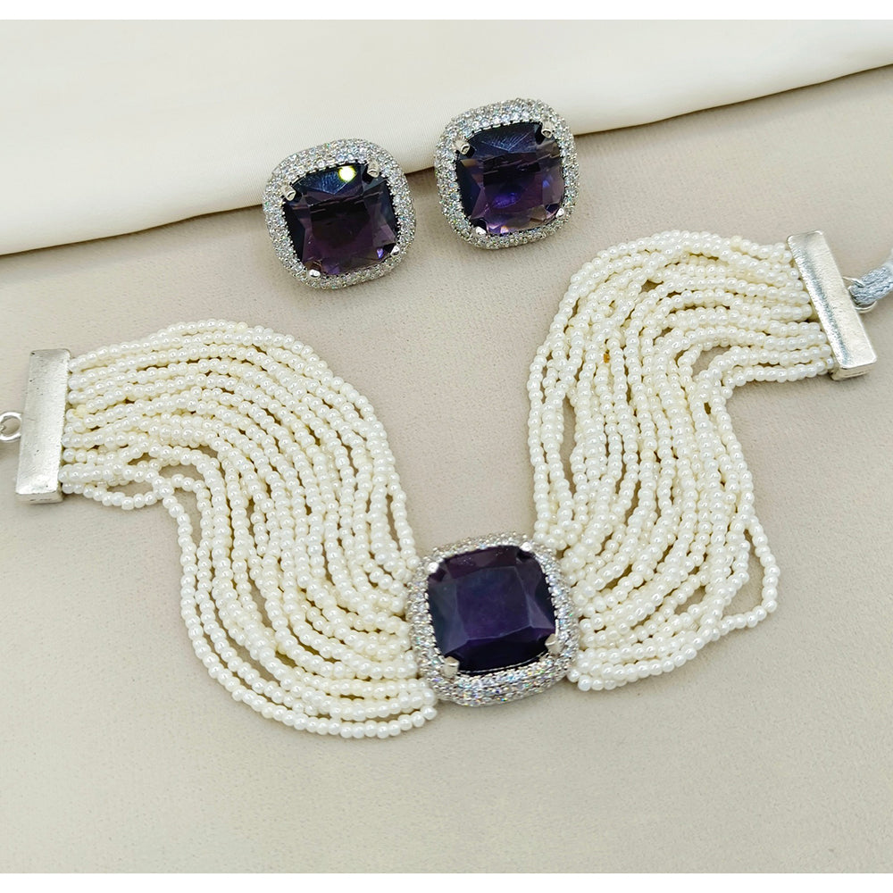 Amoliya Jewels Luxe Grace American Diamond And Pearls Choker Necklace Set