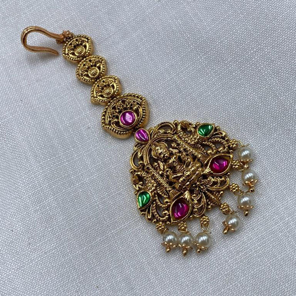 Amoliya Jewels South Indian Style Pota Stone And Pearl Temple Maangtikka