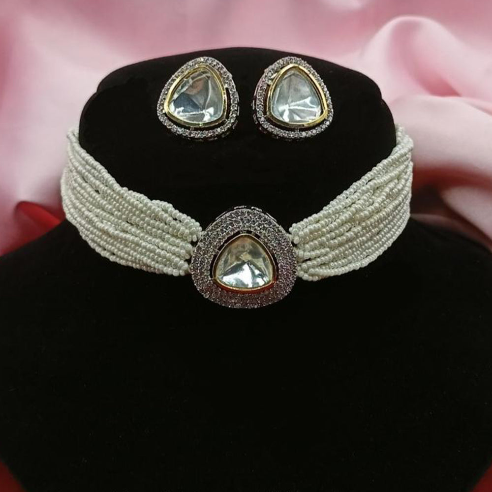 Amoliya Jewels 2 Tone Luxury Polki Kundan Stone And Pearl Choker Necklace Set