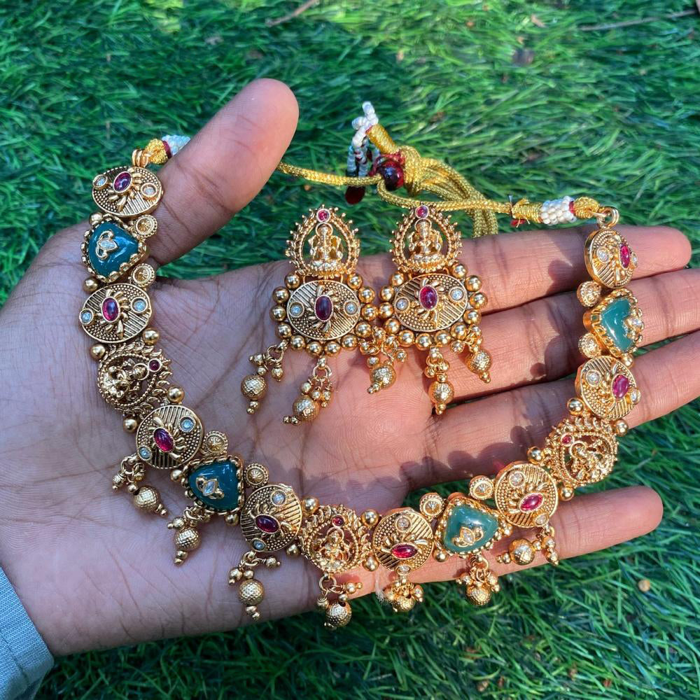 Amoliya Jewels South Indian Style Pota Stone And Pearl Temple Necklace Set