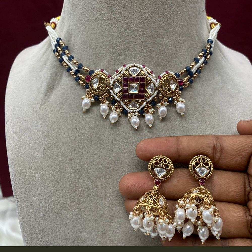 Amoliya Jewels Designer Polki Kundan Stone And Pearl Choker Necklace Set