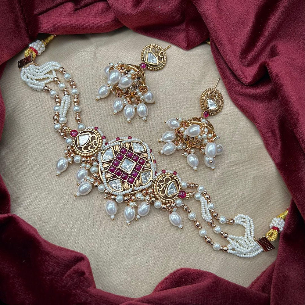 Amoliya Jewels Designer Polki Kundan Stone And Pearl Choker Necklace Set