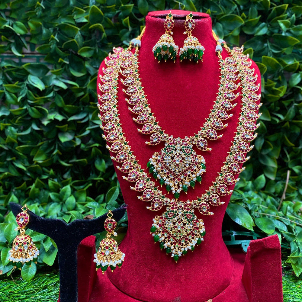 Amoliya Jewels Designer Pota Stone And Pearl And Beads Double Necklace Set