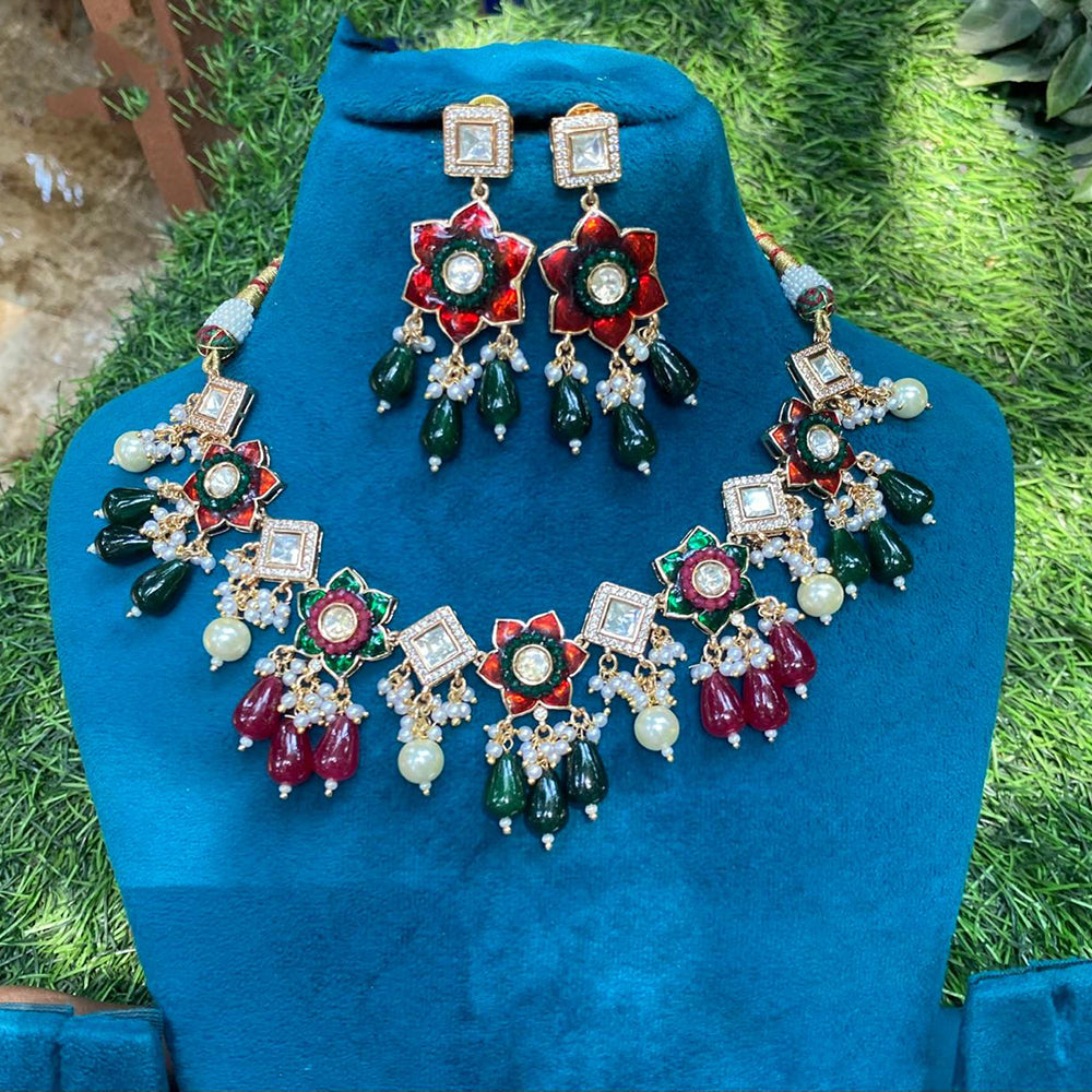 Amoliya Jewels Polki Kundan Pearl And Beads Meenakari Choker Necklace Set