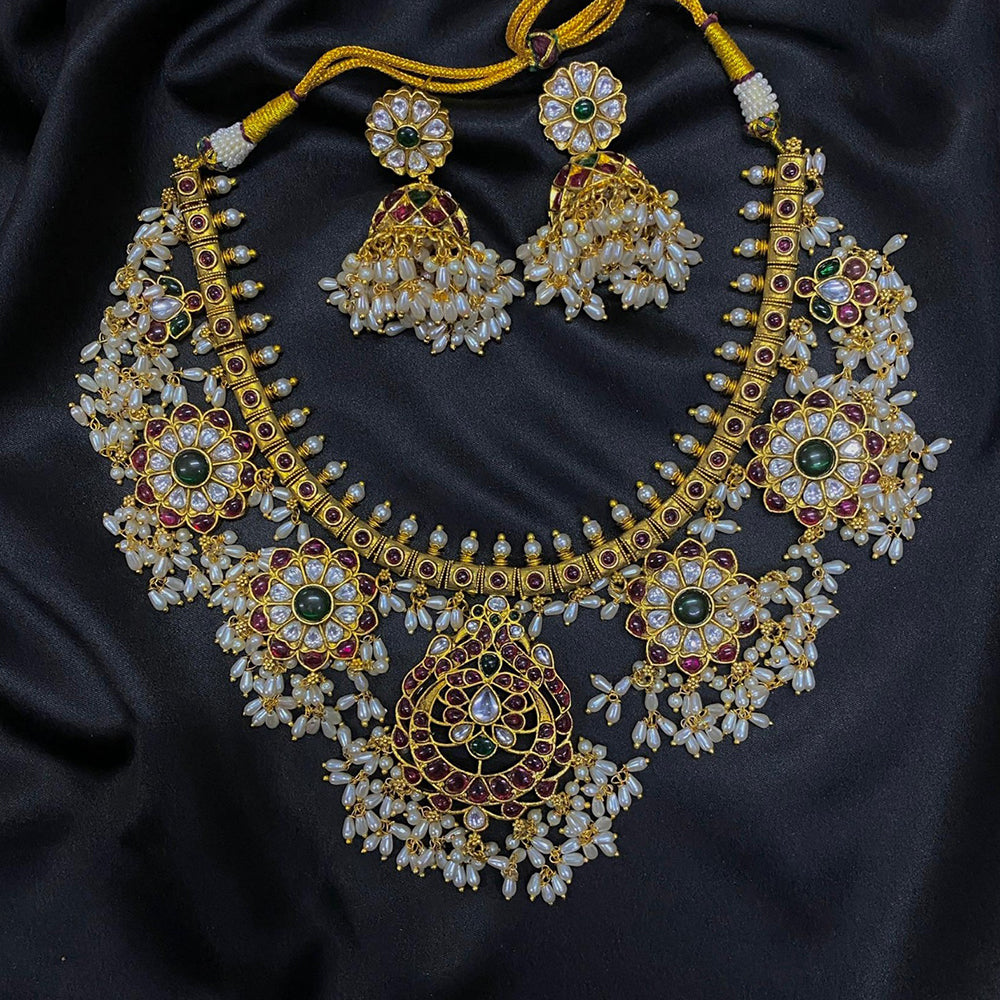 Amoliya Jewels Designer Pota Stone Pearl And Beads Necklace Set