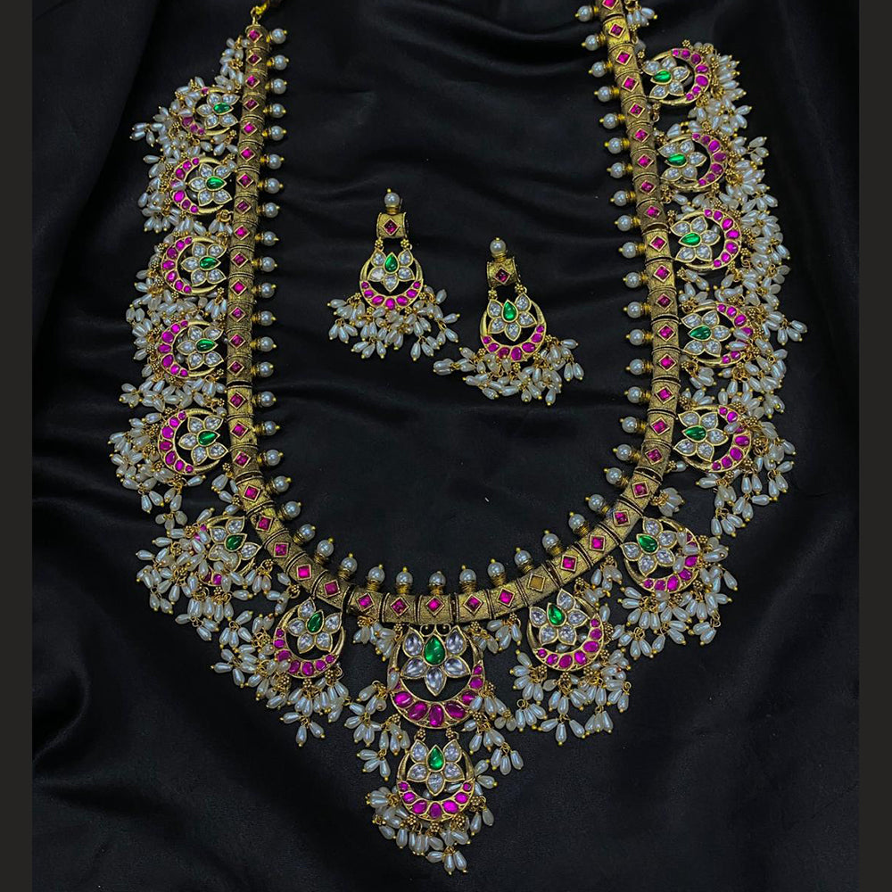 Amoliya Jewels Designer Pota Stone And Pearl And Beads Long Necklace Set