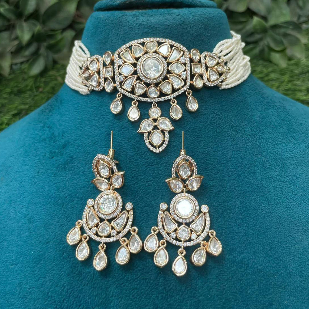 Amoliya Jewels Royal Polki Kundan Stone And Pearl Choker Necklace Set