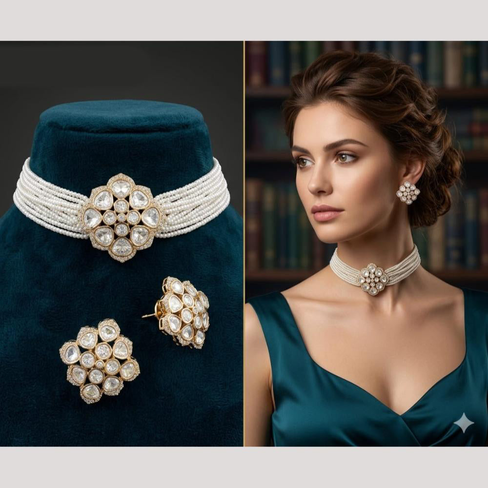 Amoliya Jewels Designer Polki Kundan Stone And Pearl Choker Neckalce Set