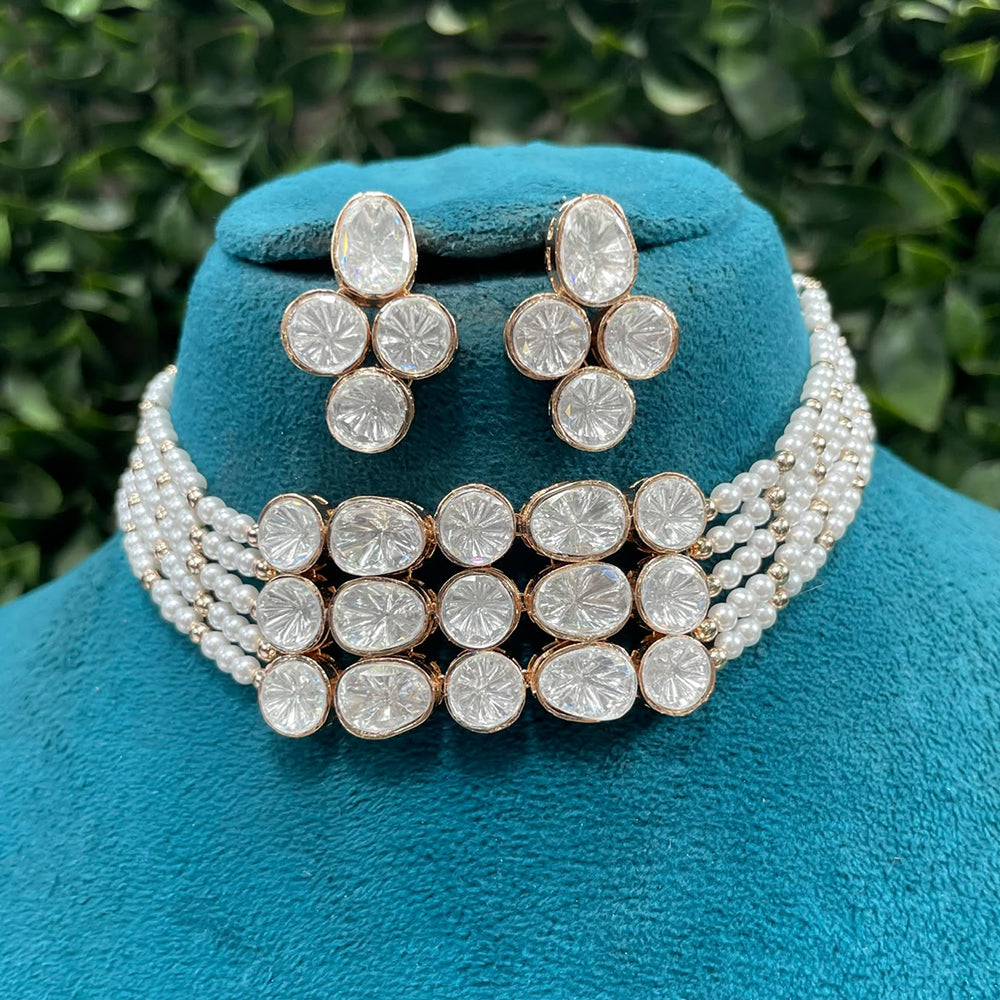 Amoliya Jewels Party Wear Polki Kundan Stone And Pearl Choker Necklace Set