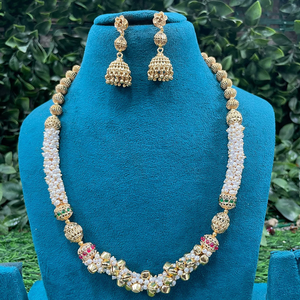 Amoliya Jewels Premium Pota Stone And Ghungroo Pearl Long Necklace Set