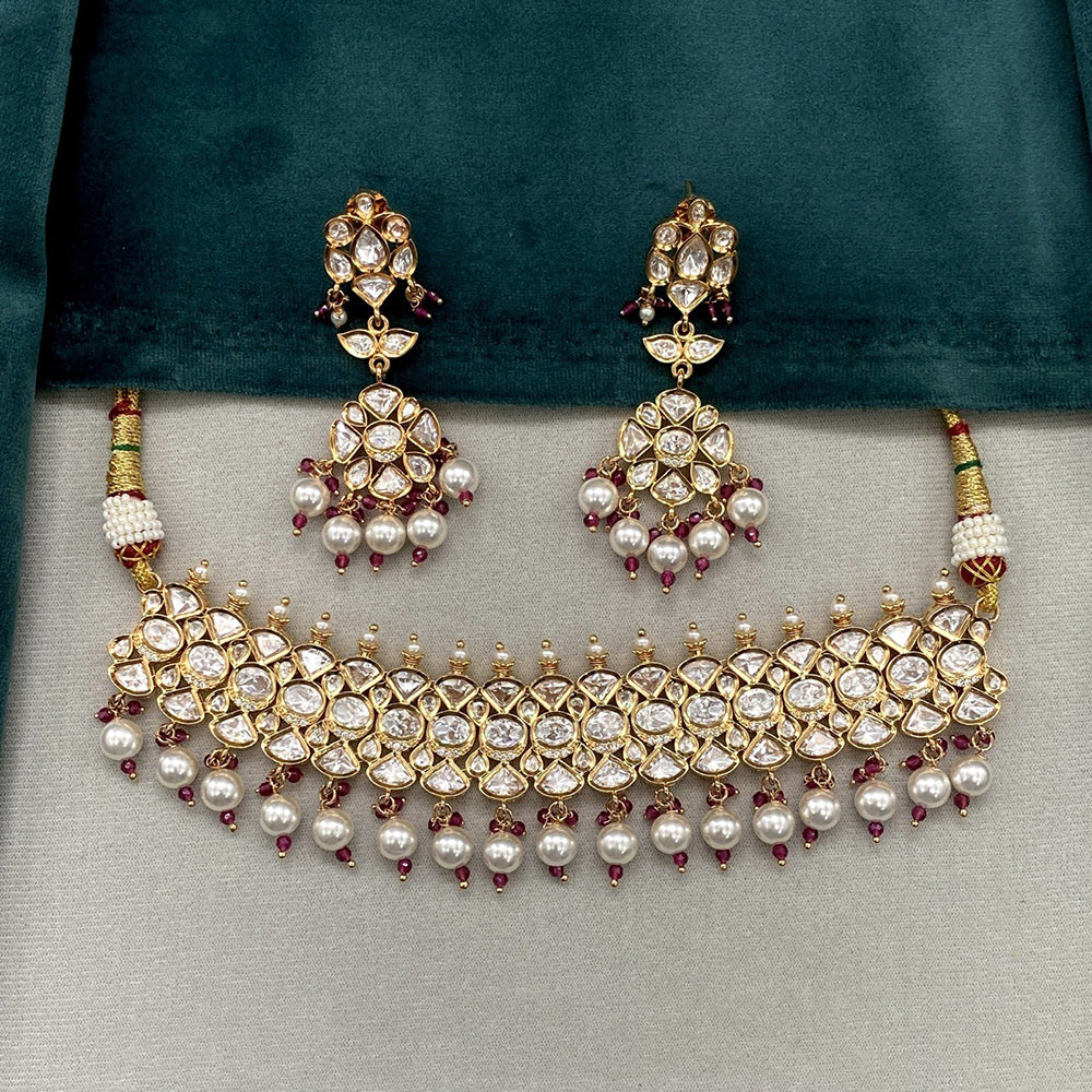 Amoliya Jewels Classic Polki Kundan Stone And Pearl Choker Necklace Set