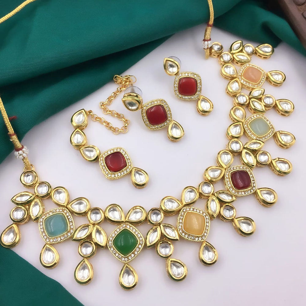 5G Jewellery Gold Plated Kundan Stone And Beads Necklace Set
