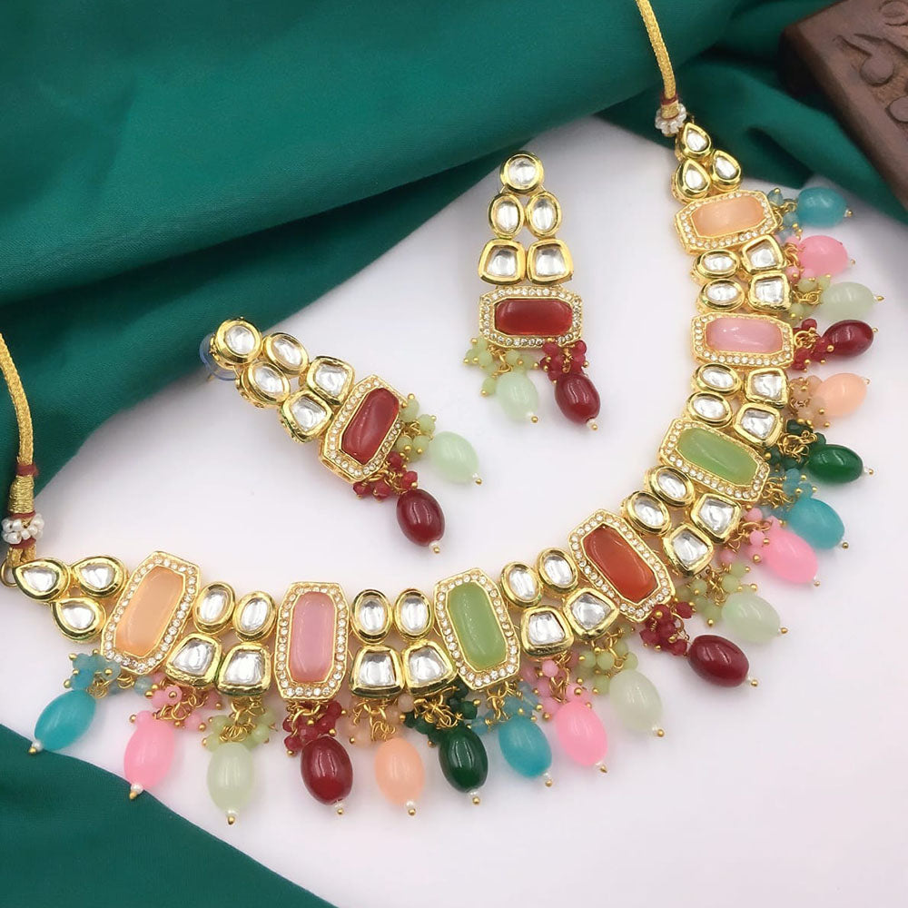5G Jewellery Gold Plated Kundan Stone And Beads Necklace Set