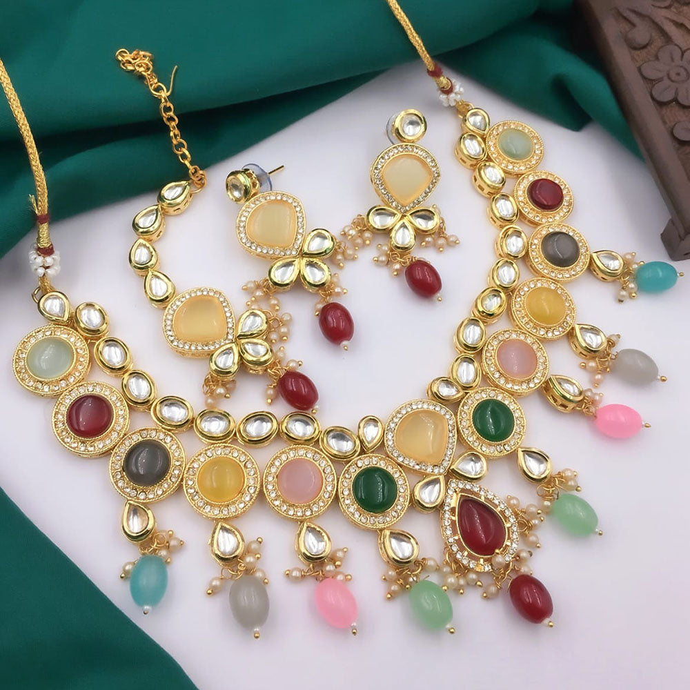 5G Jewellery Gold Plated Kundan Stone And Beads Necklace Set