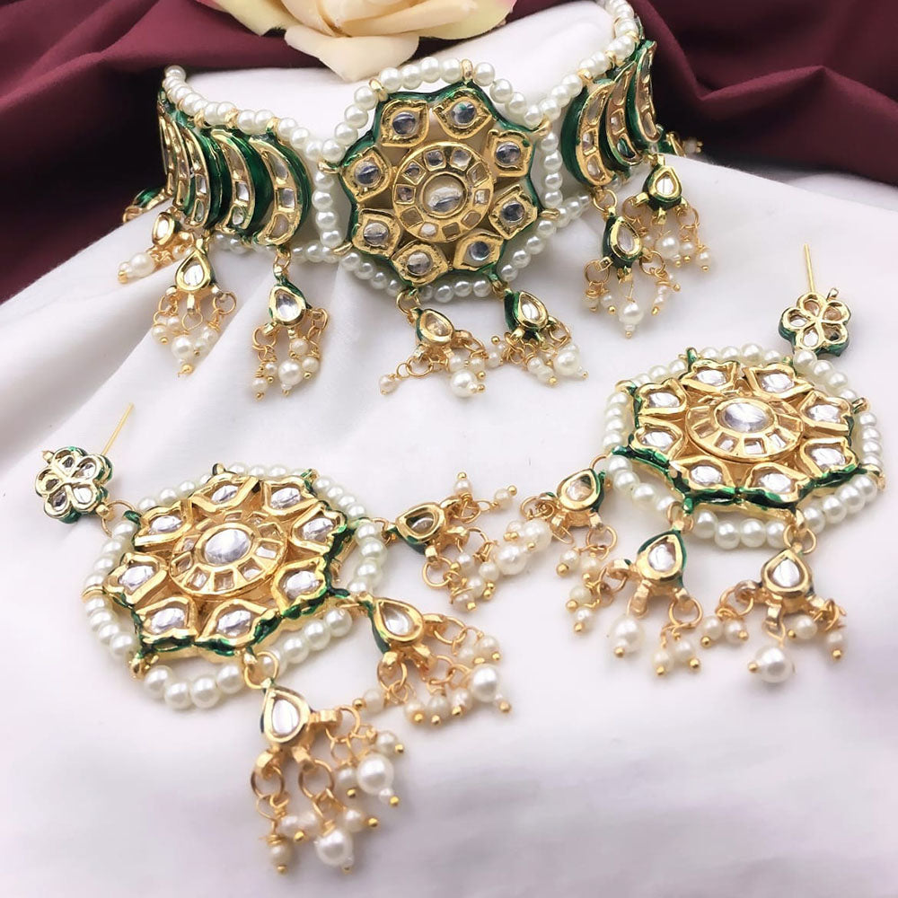 5G Jewellery Gold Plated Kundan And Pearl Choker Necklace Set