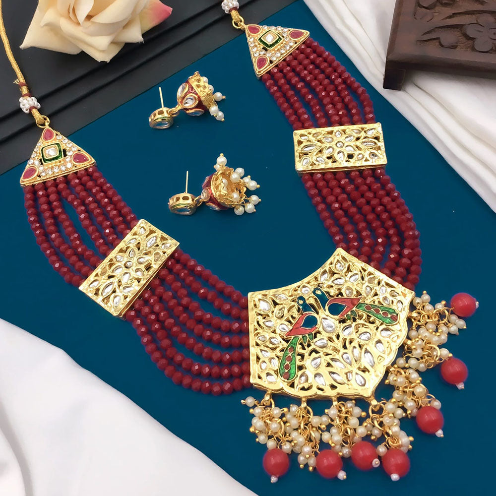 5G Jewellery Gold Plated Kundan Stone And Beads Necklace Set
