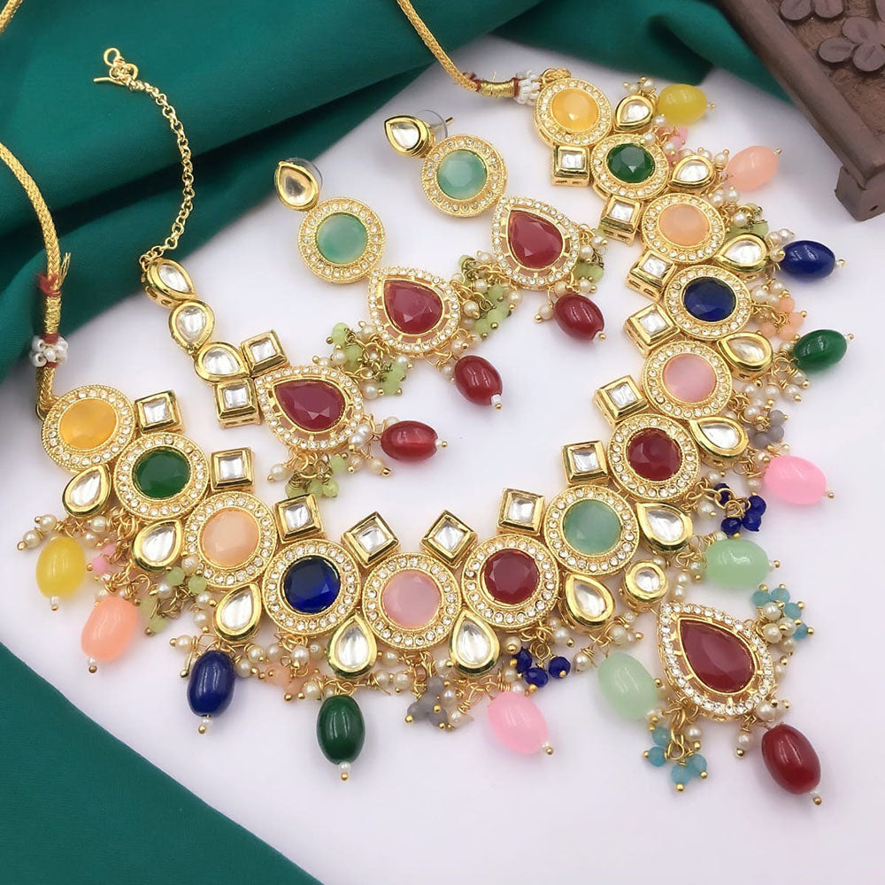 5G Jewellery Gold Plated Kundan Stone And Beads Necklace Set