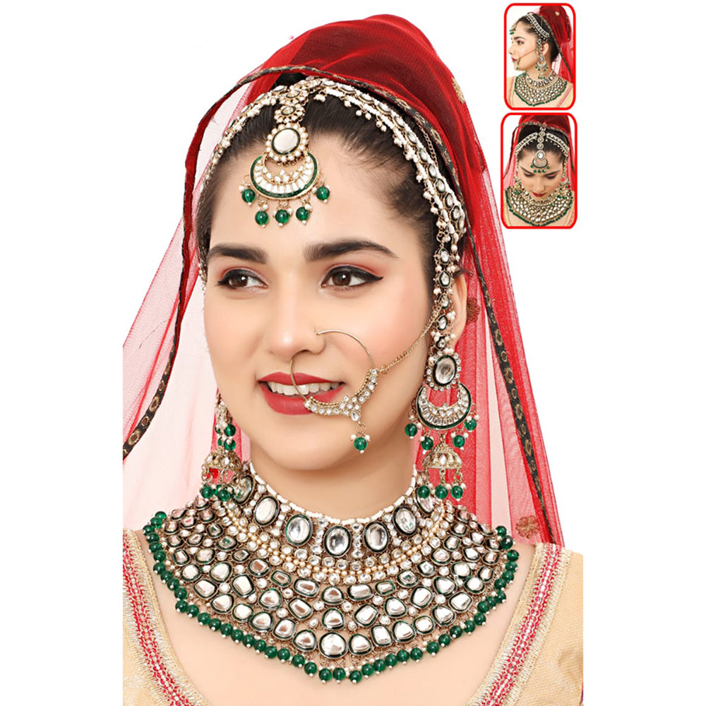 The Fashion Jewels Gold Plated Kundan Stone And Beads Semi Bridal Necklace Set