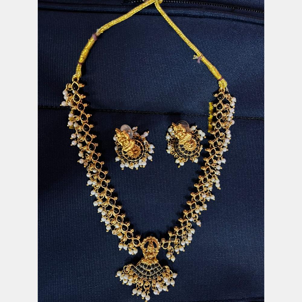 Anjali Jewellery Gold Plated Pota Stone And Pearls Temple Necklace Set