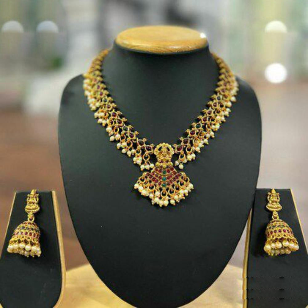 Anjali Jewellery Gold Plated Pota Stone And Pearls Temple Necklace Set