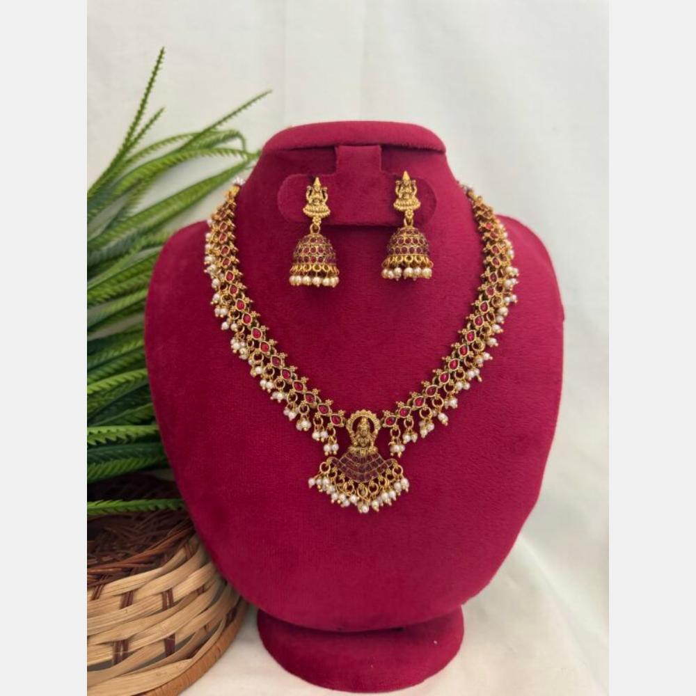 Anjali Jewellery Gold Plated Pota Stone And Pearls Temple Necklace Set