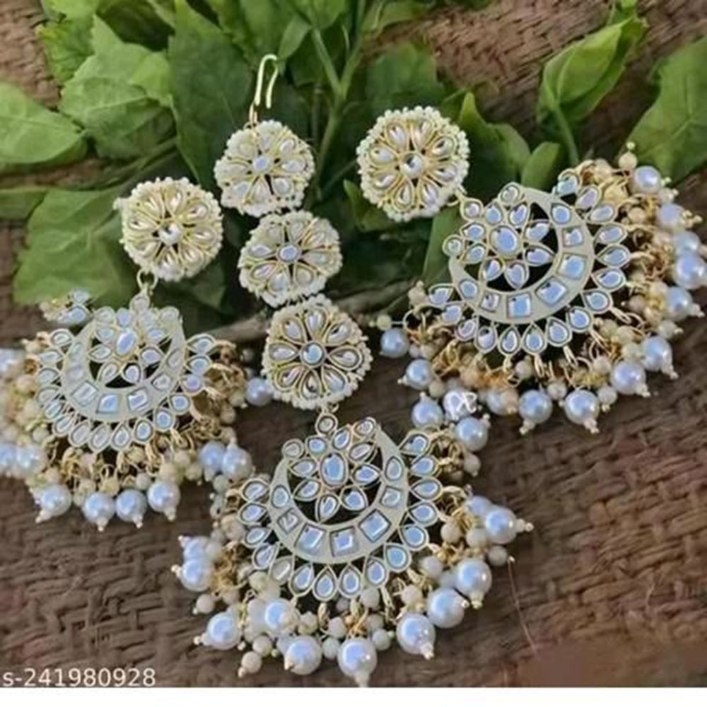 Anjali Jewellery Traditional Kundan Stone And Beads Dangler Earrings With Maangtikka