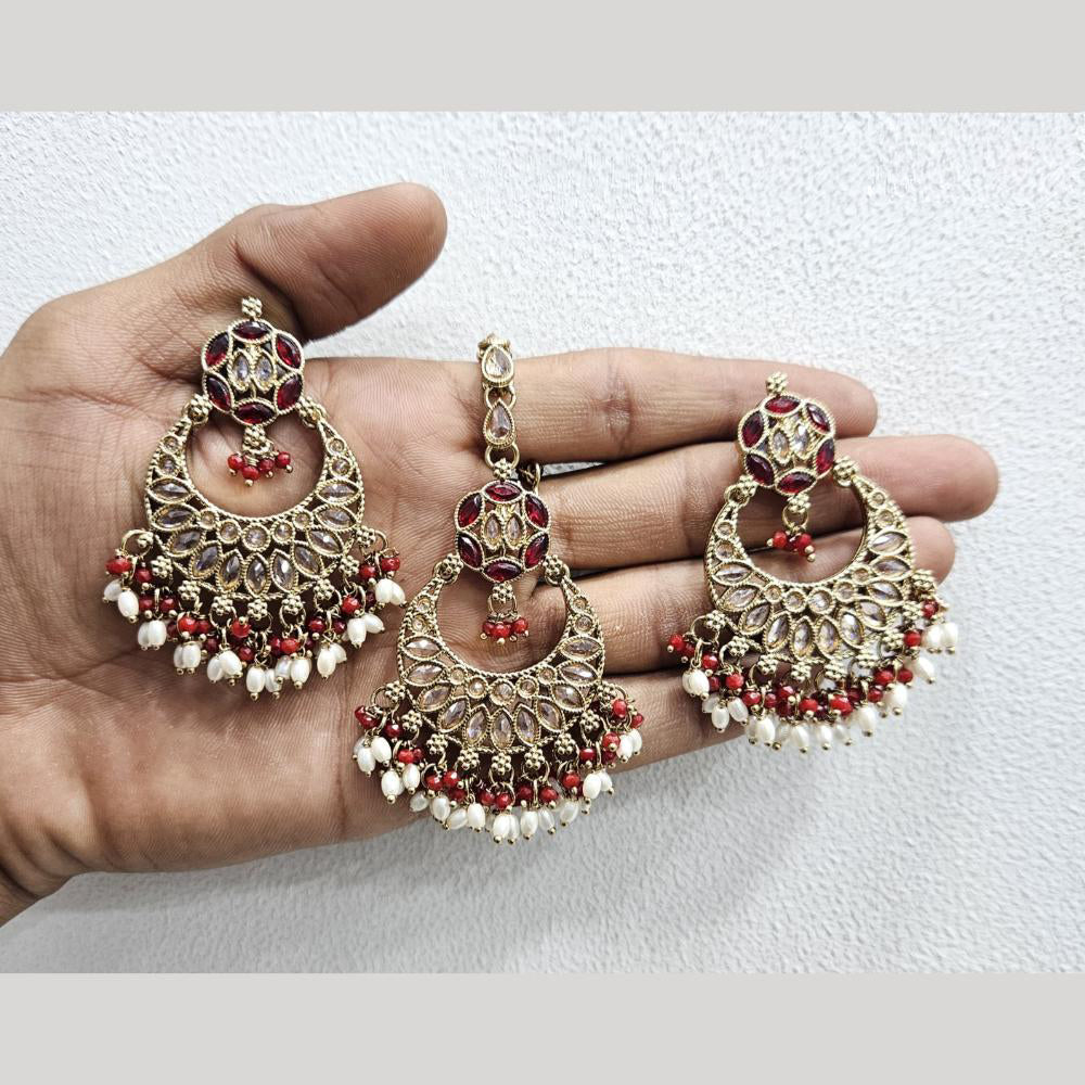 Rajwadi Collection Gold Pated Crystal Stone And Beads Dangler Earrings With Maangtikka