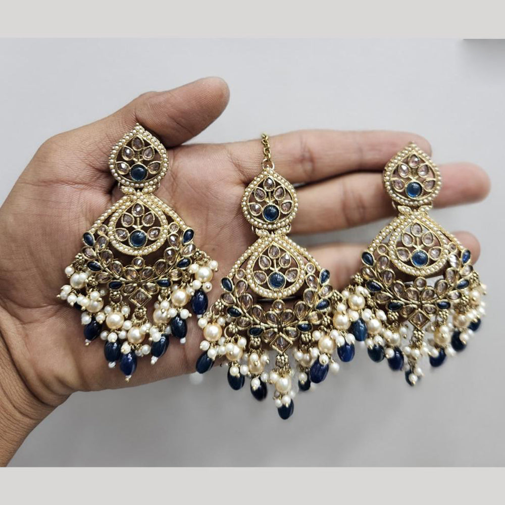 Rajwadi Collection Gold Pated Crystal Stone And Beads Dangler Earrings With Maangtikka
