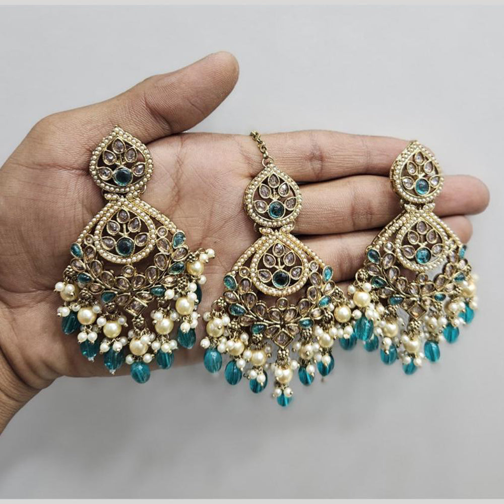 Rajwadi Collection Gold Pated Crystal Stone And Beads Dangler Earrings With Maangtikka