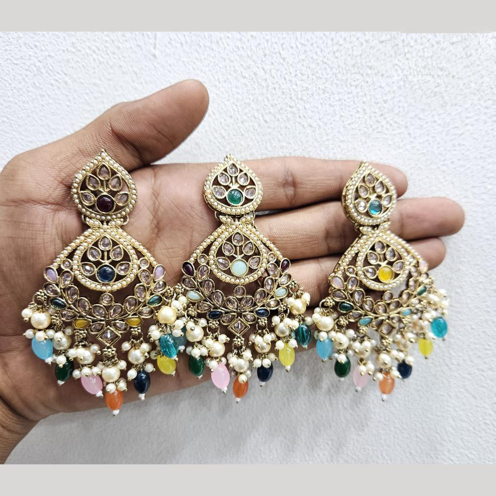Rajwadi Collection Gold Pated Crystal Stone And Beads Dangler Earrings With Maangtikka
