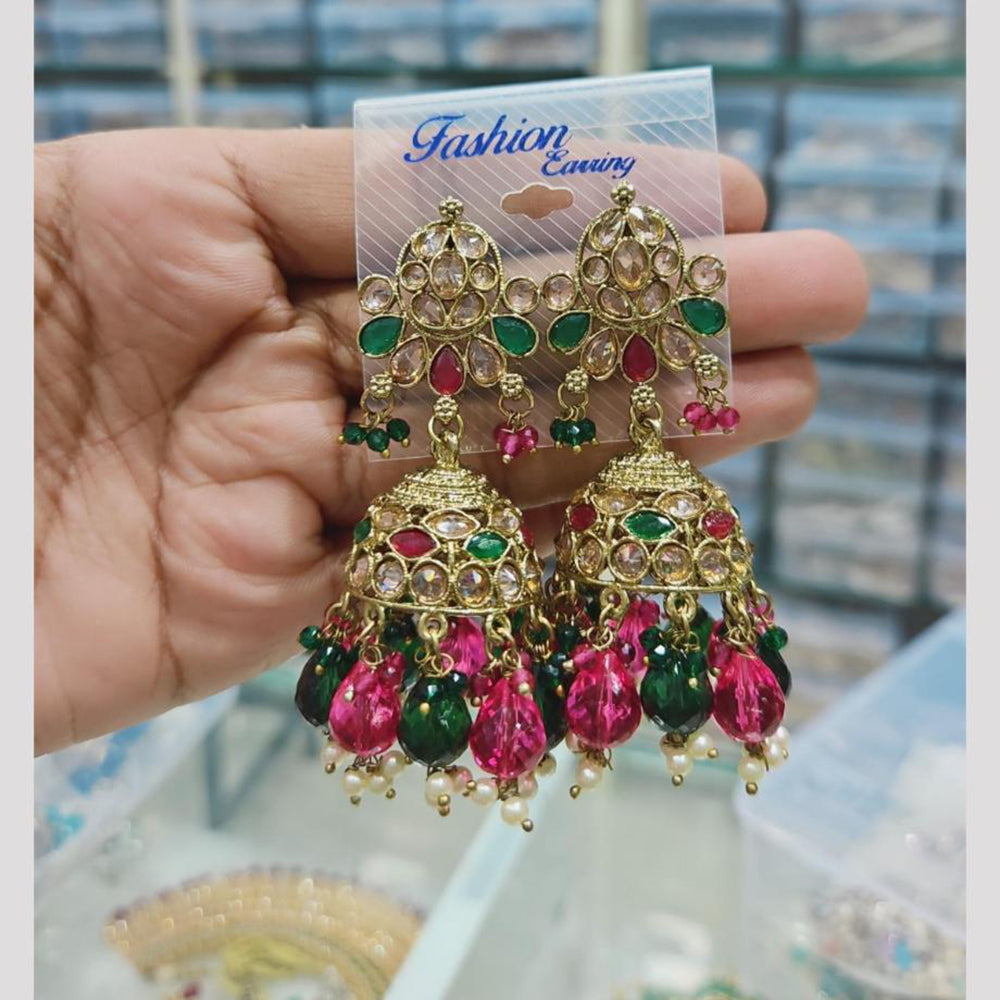 Rajwadi Collection Gold Pated Crystal Stone And Beads Jhumki Earrings