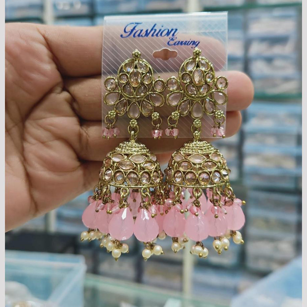 Rajwadi Collection Gold Pated Crystal Stone And Beads Jhumki Earrings
