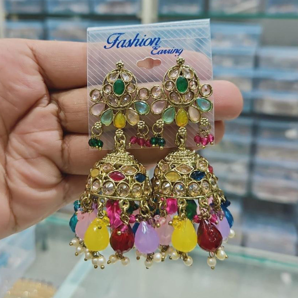 Rajwadi Collection Gold Pated Crystal Stone And Beads Jhumki Earrings