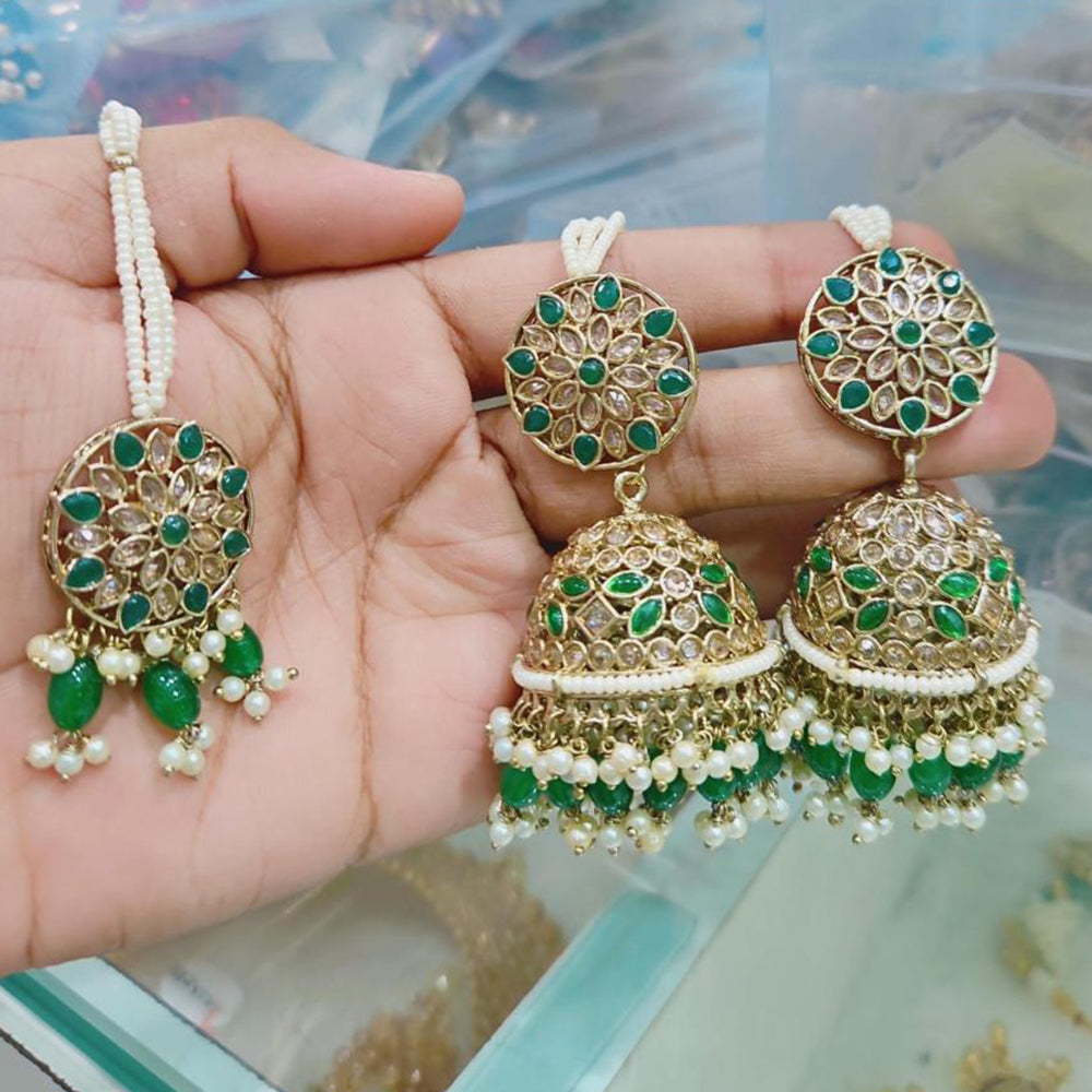 Rajwadi Collection Gold Pated Crystal Stone And Beads Jhumki Earrings With Maangtikka