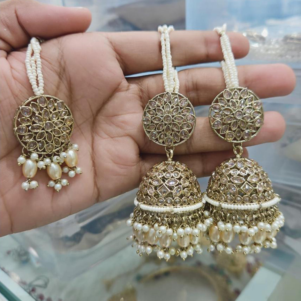 Rajwadi Collection Gold Pated Crystal Stone And Beads Jhumki Earrings With Maangtikka