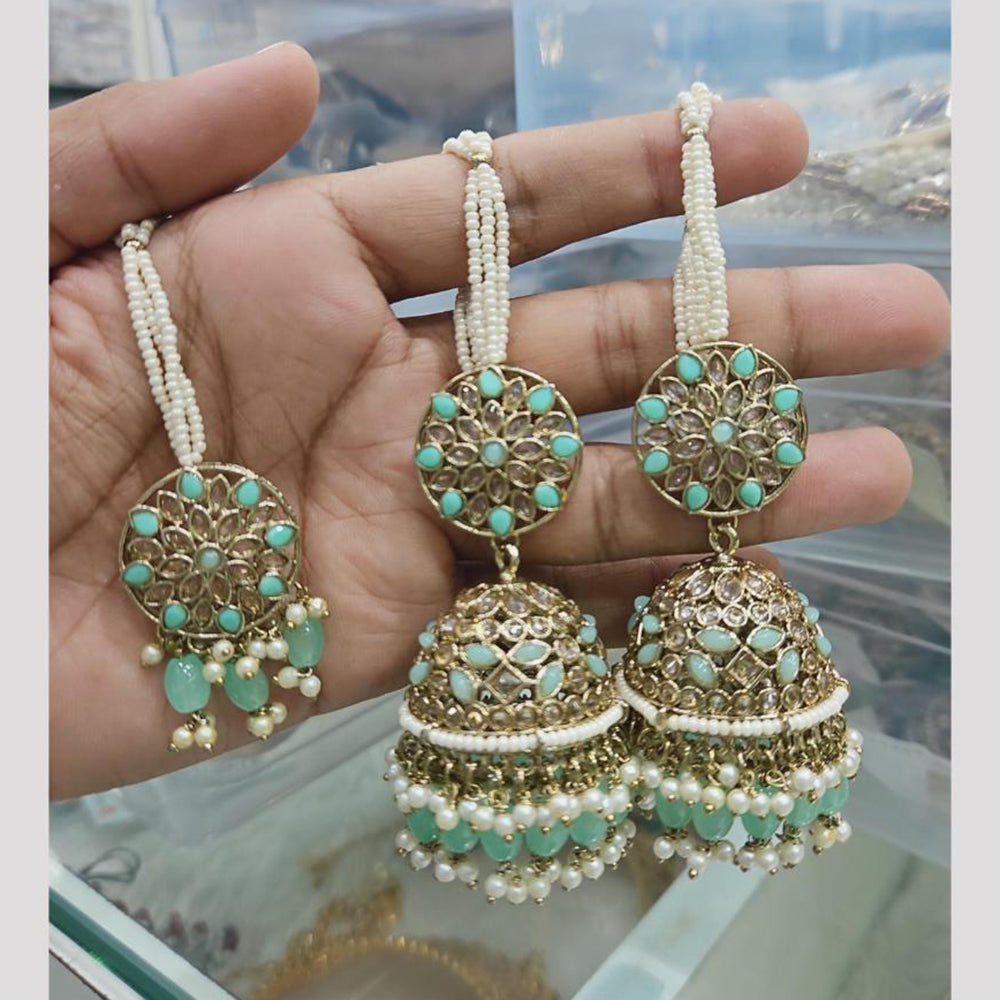 Rajwadi Collection Gold Pated Crystal Stone And Beads Jhumki Earrings With Maangtikka