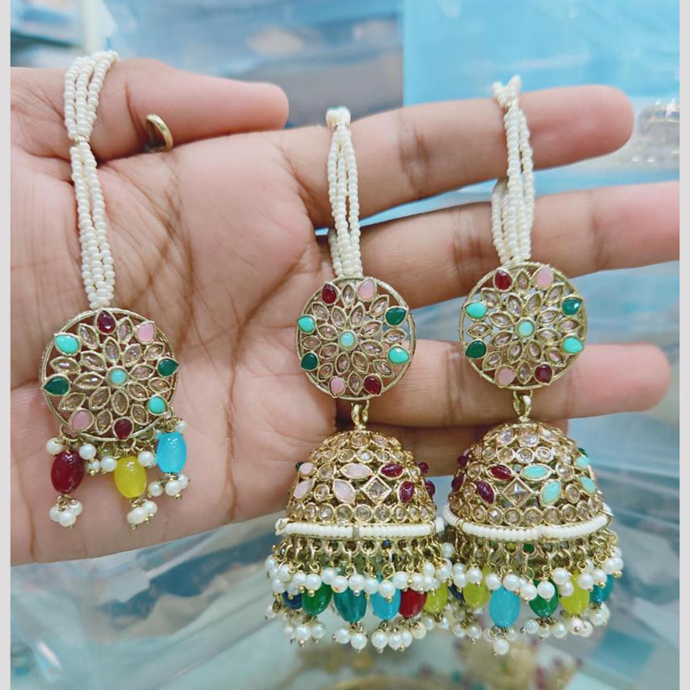 Rajwadi Collection Gold Pated Crystal Stone And Beads Jhumki Earrings With Maangtikka