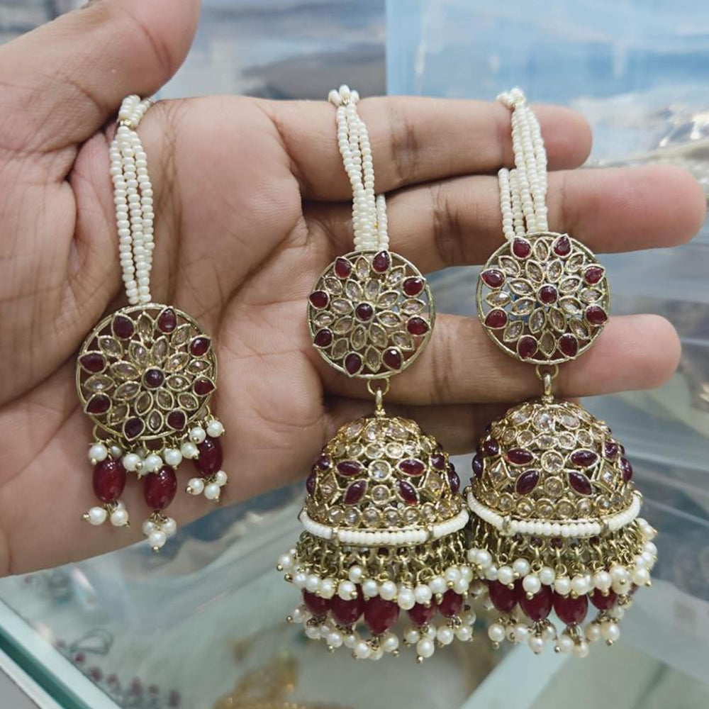 Rajwadi Collection Gold Pated Crystal Stone And Beads Jhumki Earrings With Maangtikka