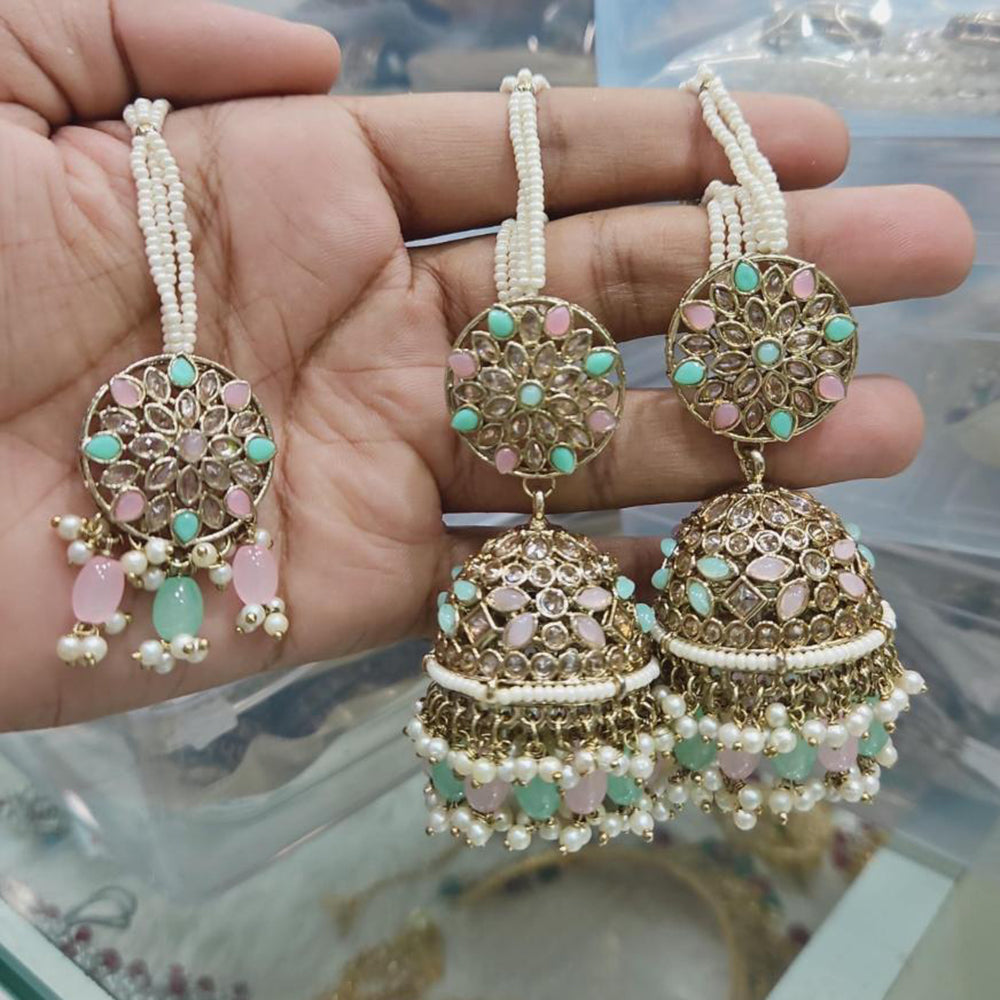 Rajwadi Collection Gold Pated Crystal Stone And Beads Jhumki Earrings With Maangtikka