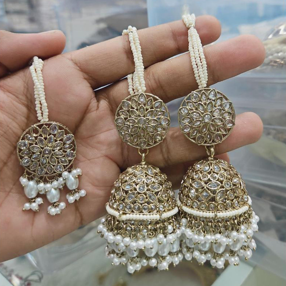 Rajwadi Collection Gold Pated Crystal Stone And Beads Jhumki Earrings With Maangtikka