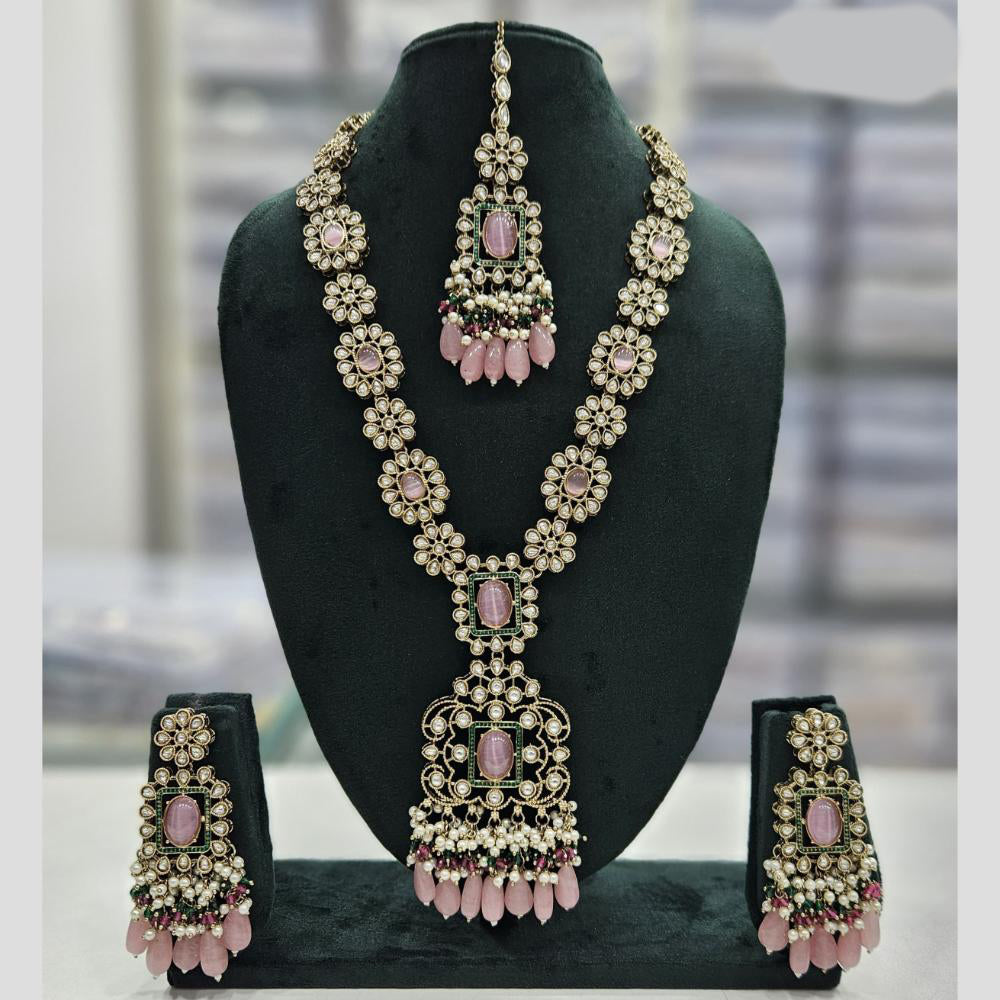 Rajwadi Collection Gold Plated Kundan Stone And Pearl Long Necklace Set