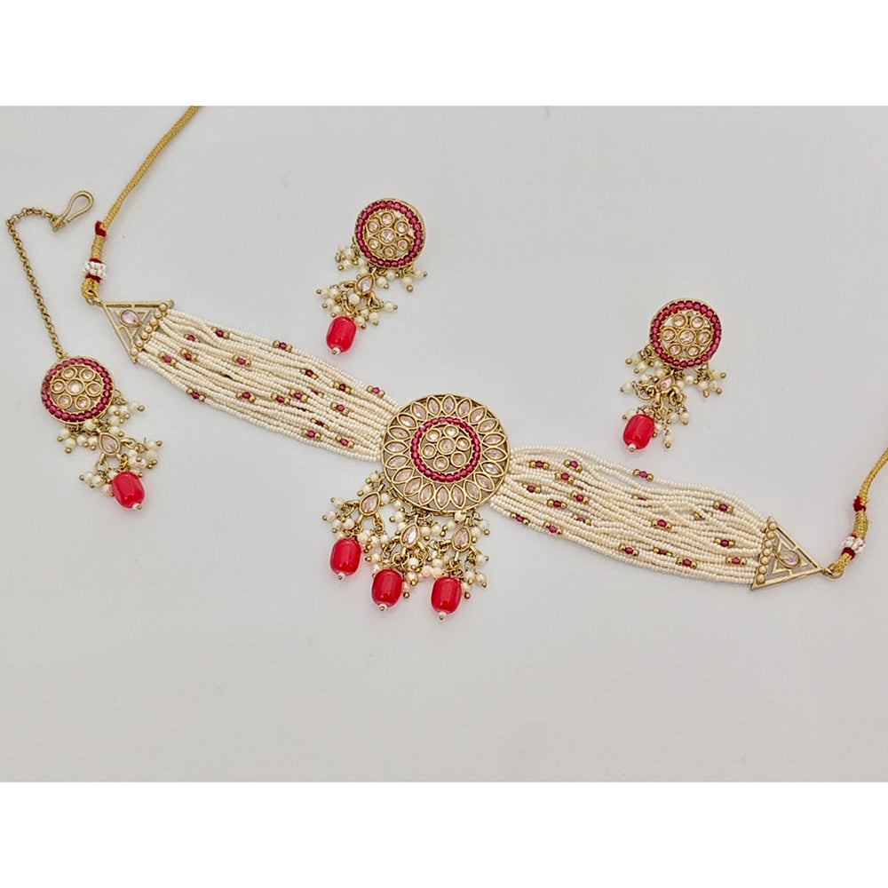 Rajwadi Collection Sparkling Crystal Stone And Pearl Choker Necklace Set